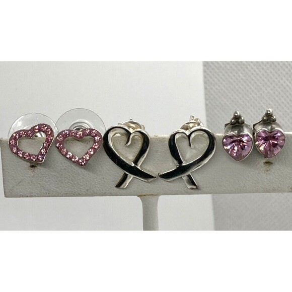 Vintage - Now Lot of (3) Pairs Heart Earrings Stud Pierced Sterling 925 Silver - Picture 1 of 12